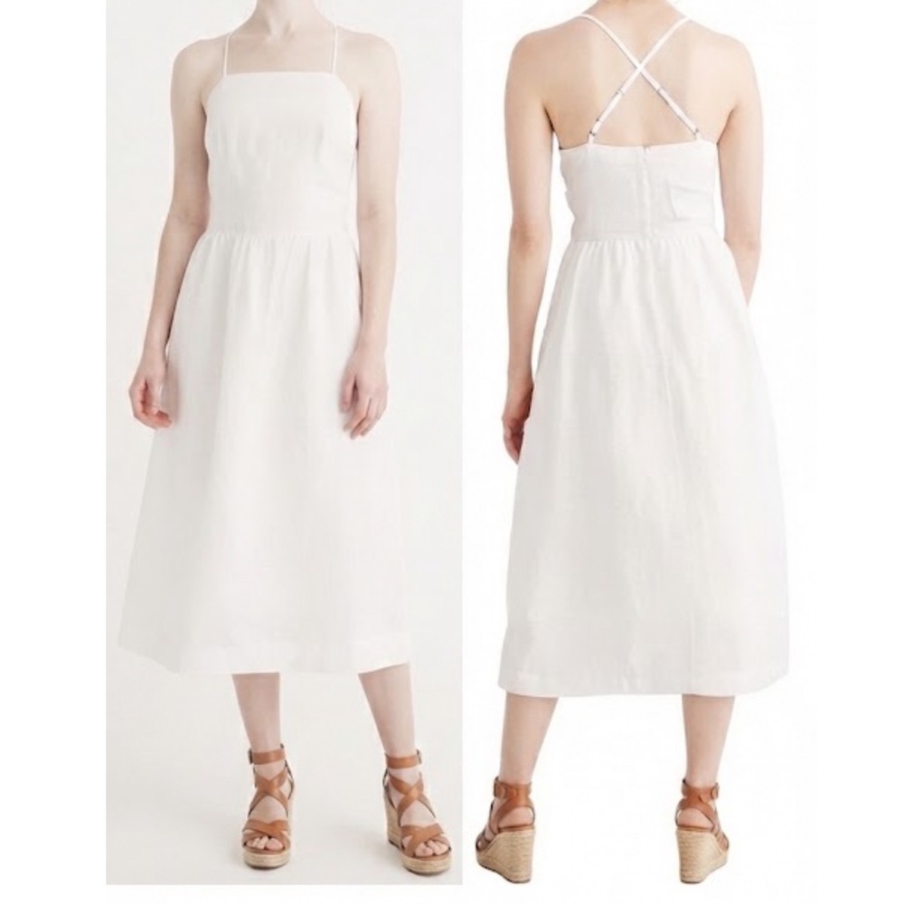 Abercrombie & Fitch | Women's White Linen Square Neck Cross Back Midi Dress, M